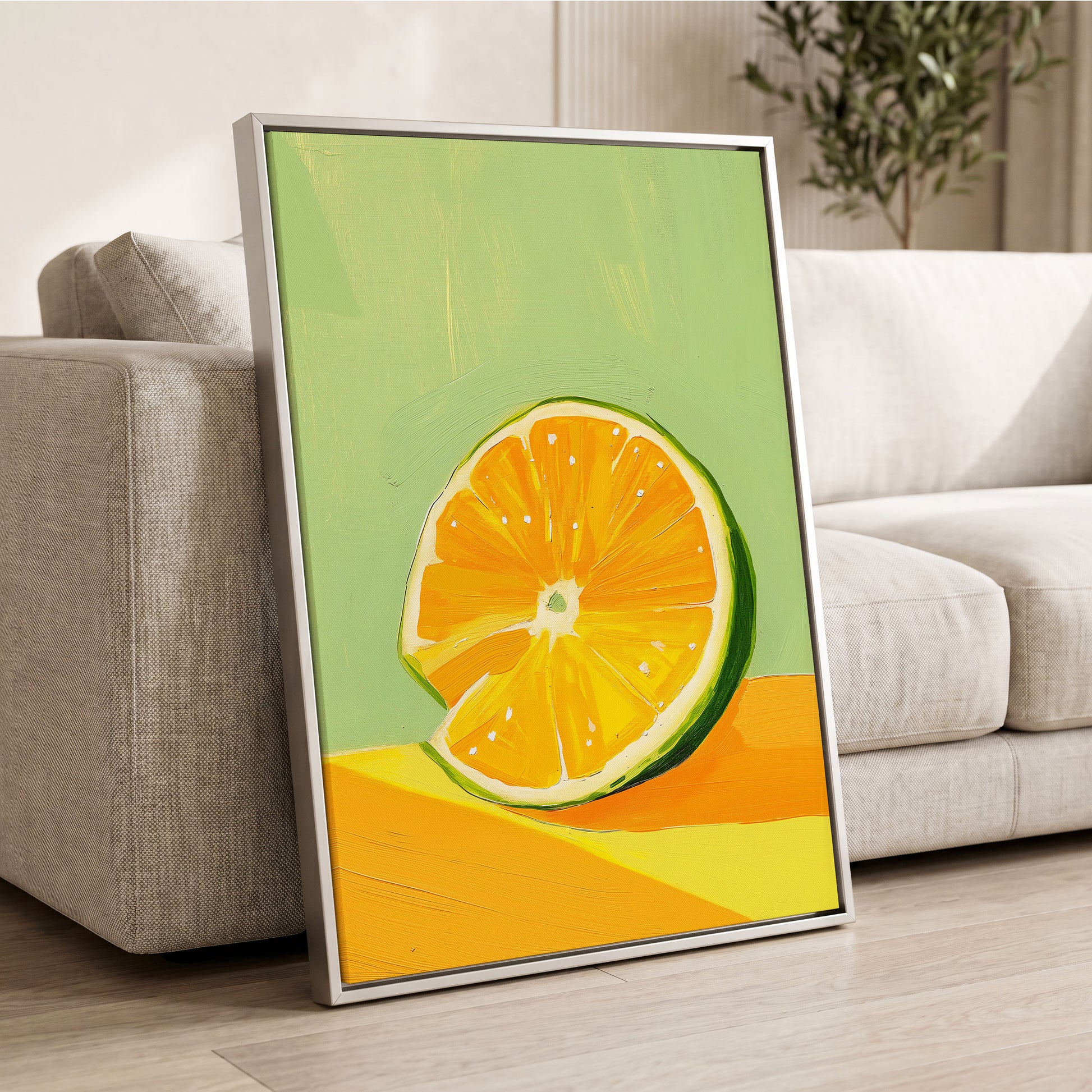 Citrus Sun, green, orange, yellow nature wall art displayed in a styled interior, gallery view 2