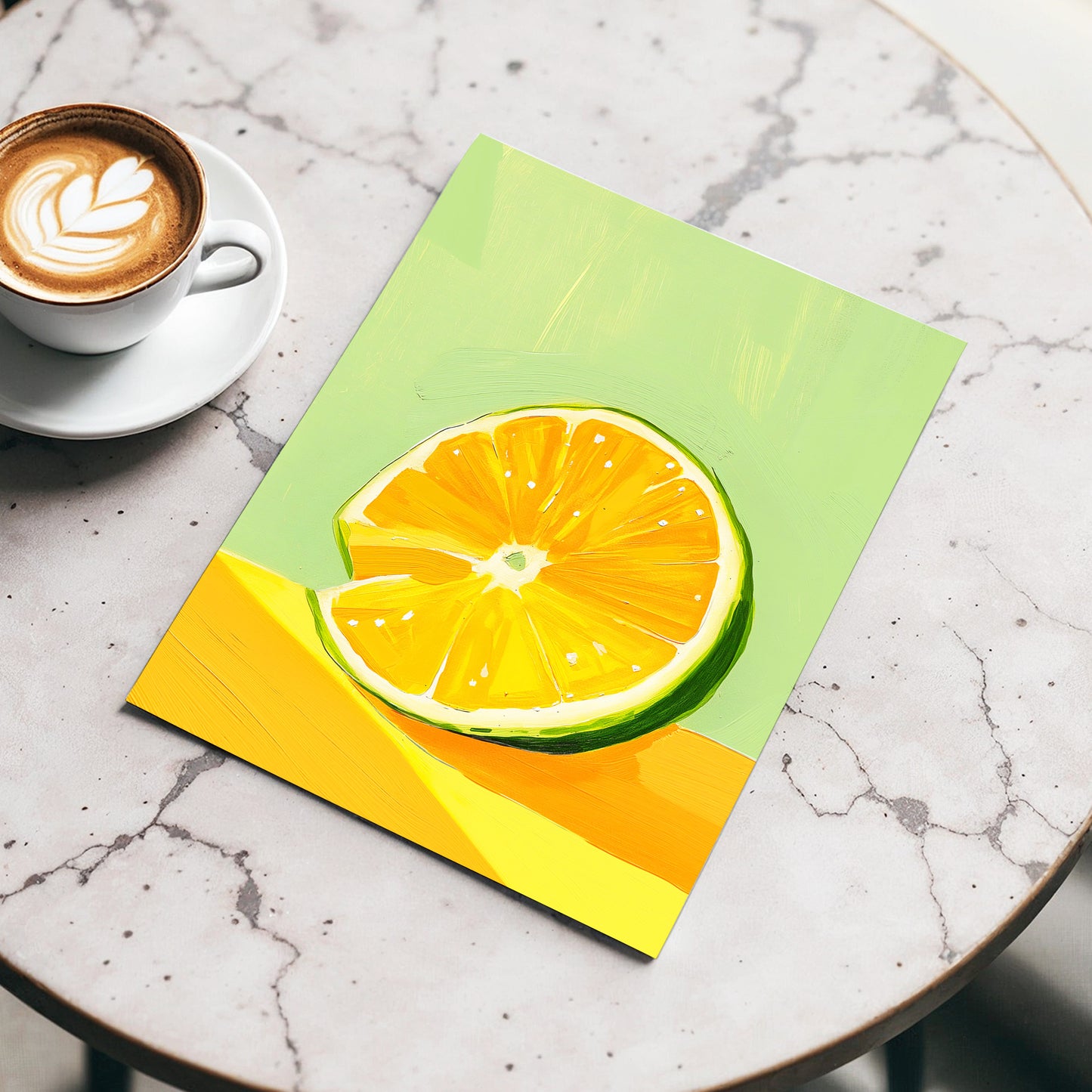 Citrus Sun, green, orange, yellow nature wall art displayed in a styled interior, gallery view 3