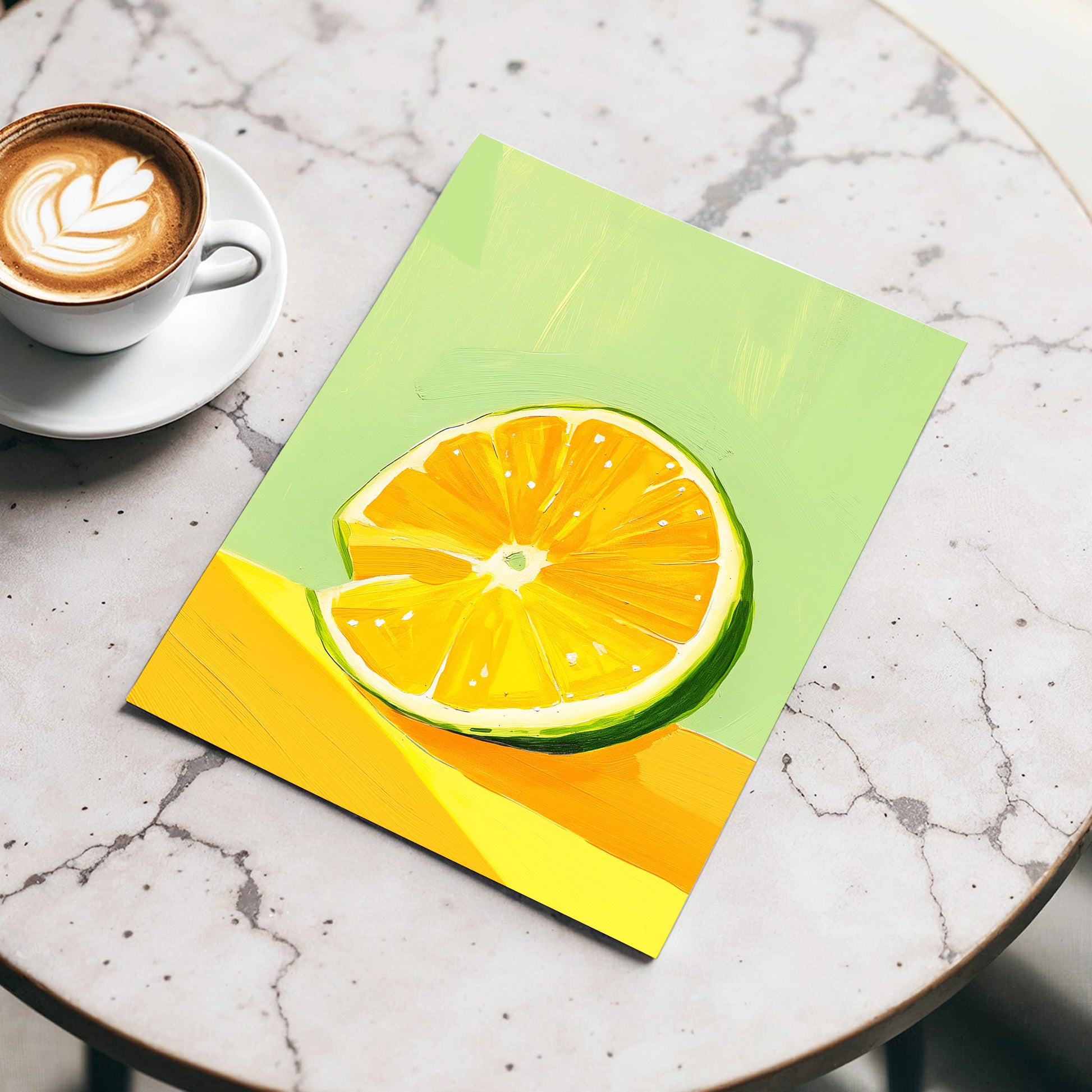 Citrus Sun, green, orange, yellow nature wall art displayed in a styled interior, gallery view 3