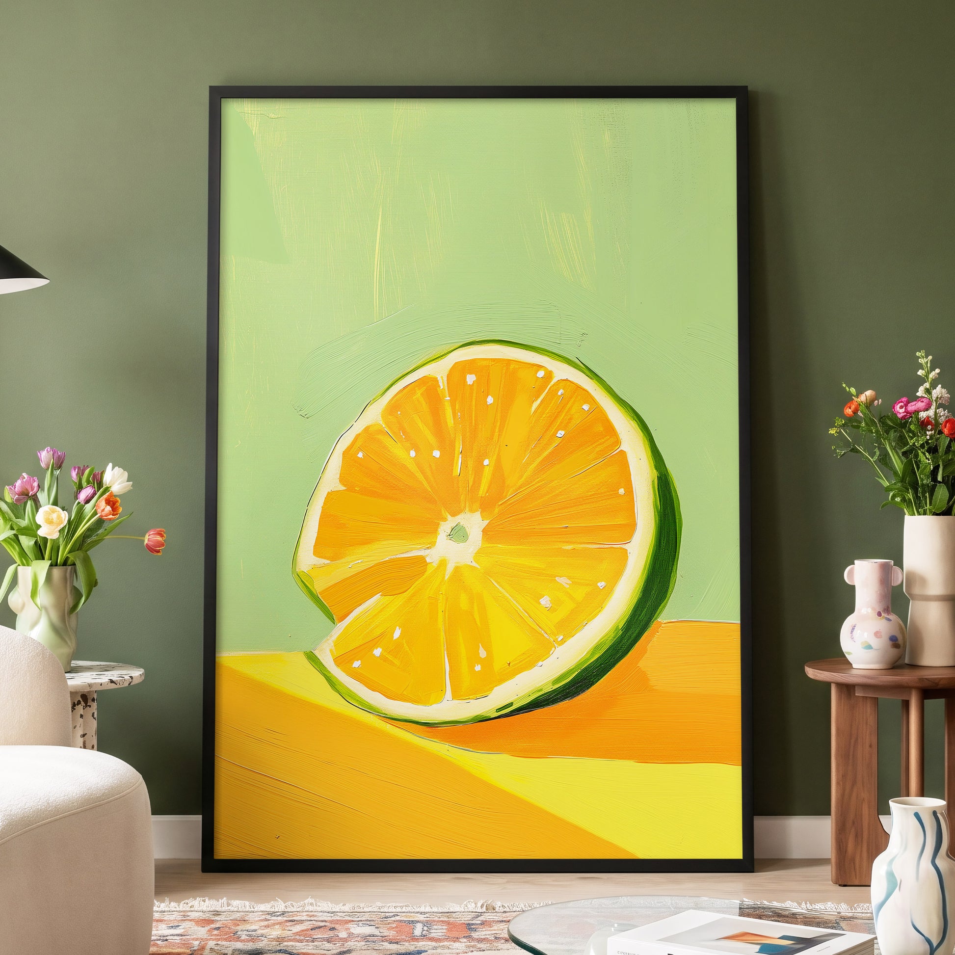 Citrus Sun, green, orange, yellow nature wall art displayed in a styled interior, gallery view 4
