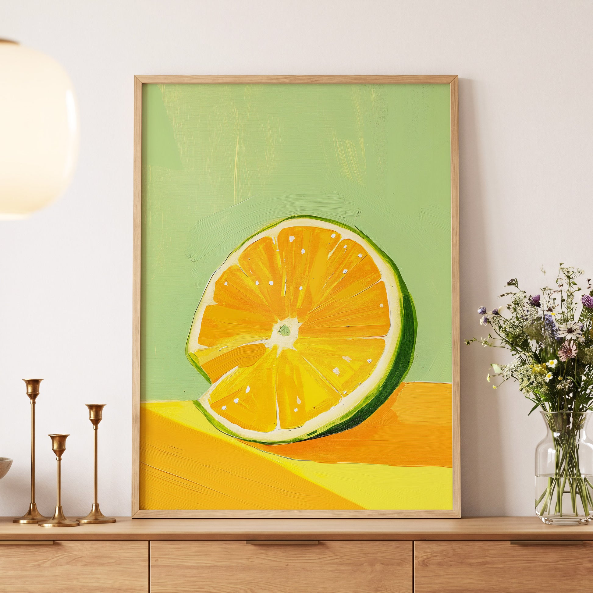 Citrus Sun, green, orange, yellow nature wall art displayed in a styled interior, gallery view 5