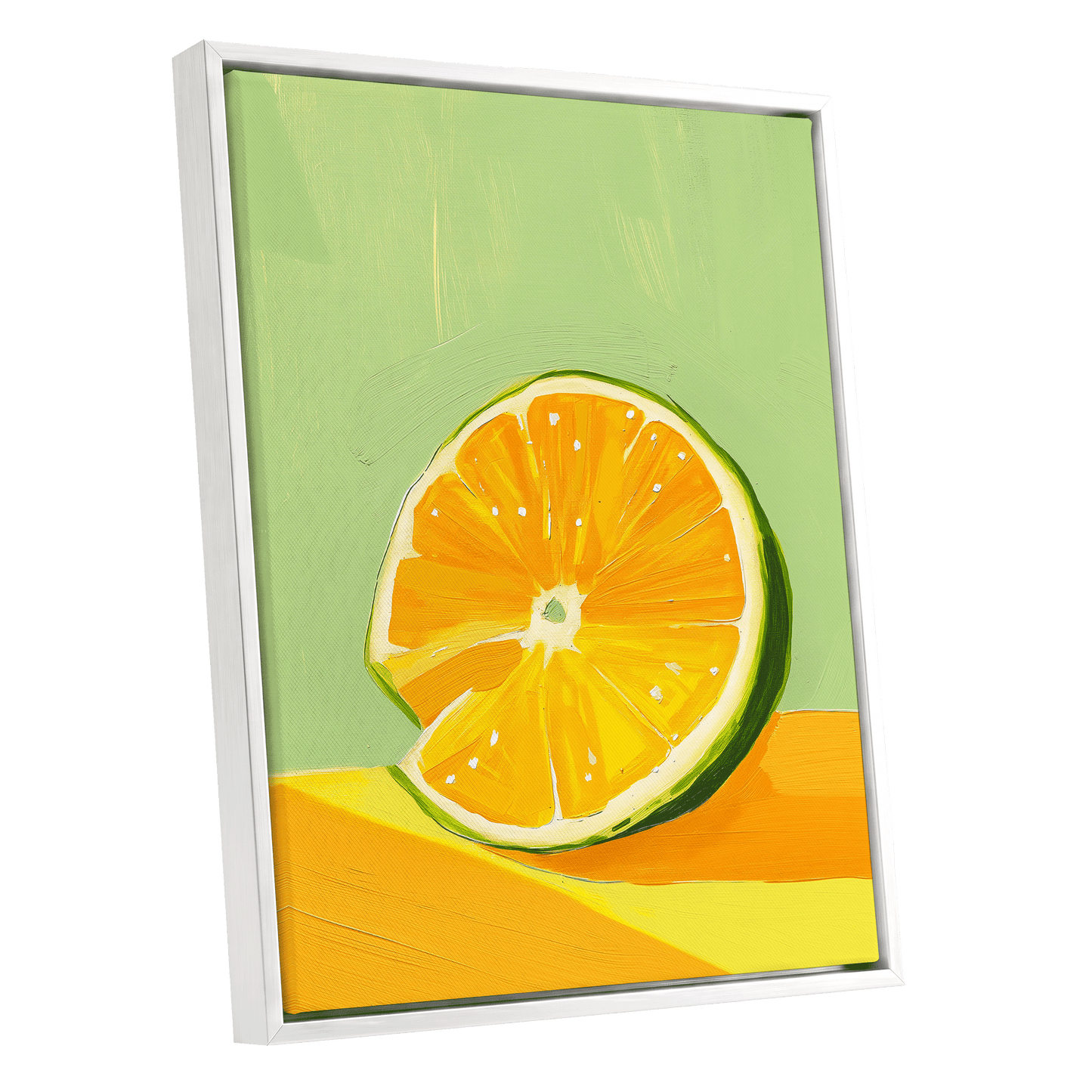 Citrus Sun, green, orange, yellow nature wall art shown as a white framed canvas wall art
