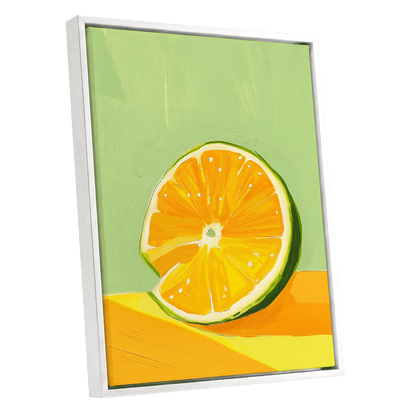 Citrus Sun, green, orange, yellow nature wall art shown as a white framed canvas wall art