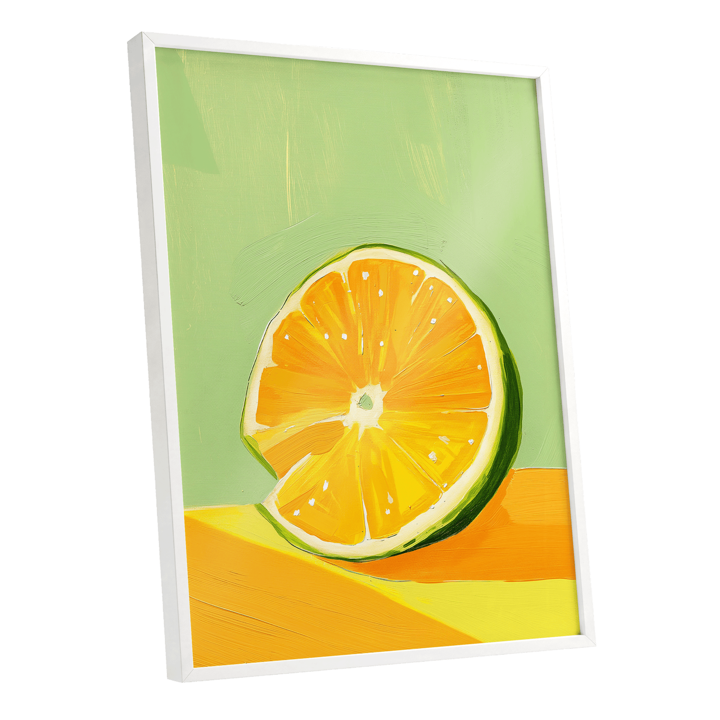 Citrus Sun, green, orange, yellow nature wall art shown as a white framed poster wall art print