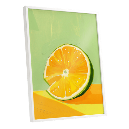 Citrus Sun, green, orange, yellow nature wall art shown as a white framed poster wall art print