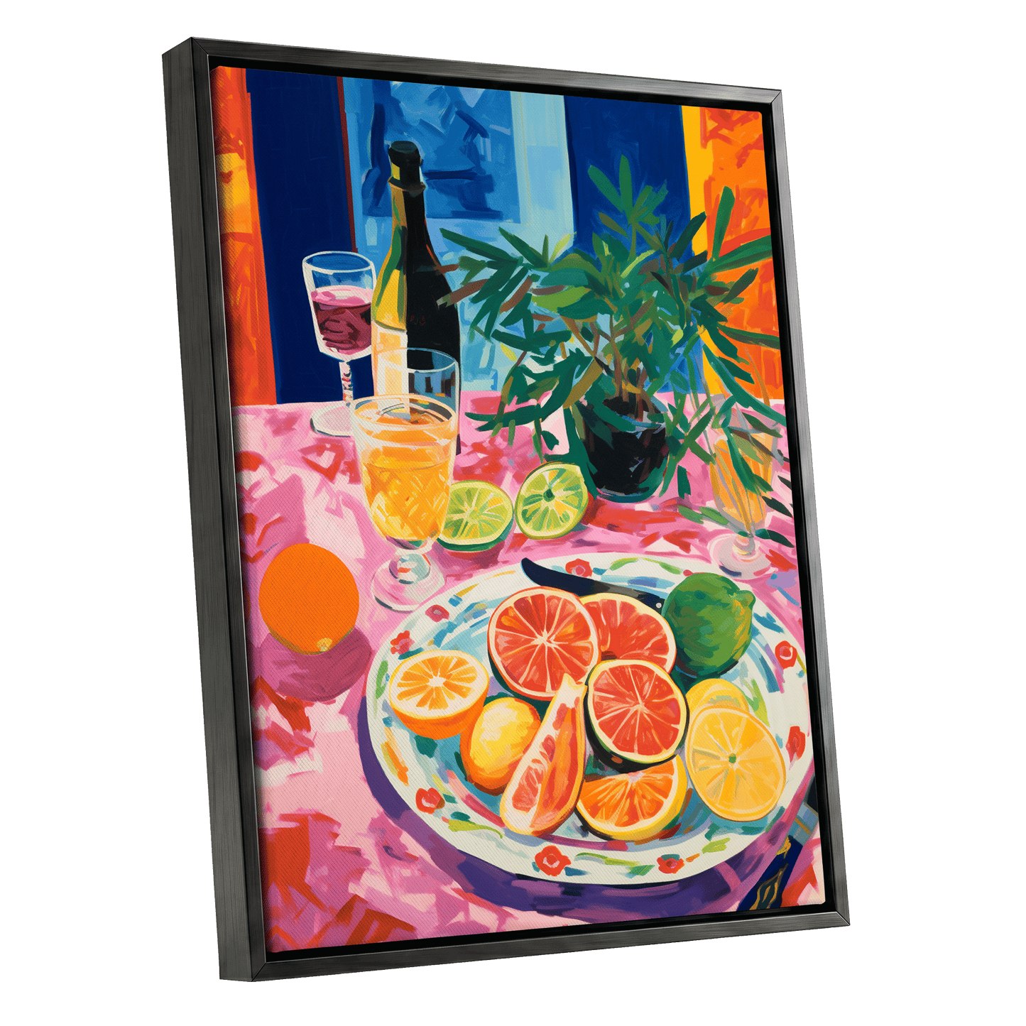 Citrus Table at Dusk, pink, blue, orange nature wall art shown as a black framed canvas wall art