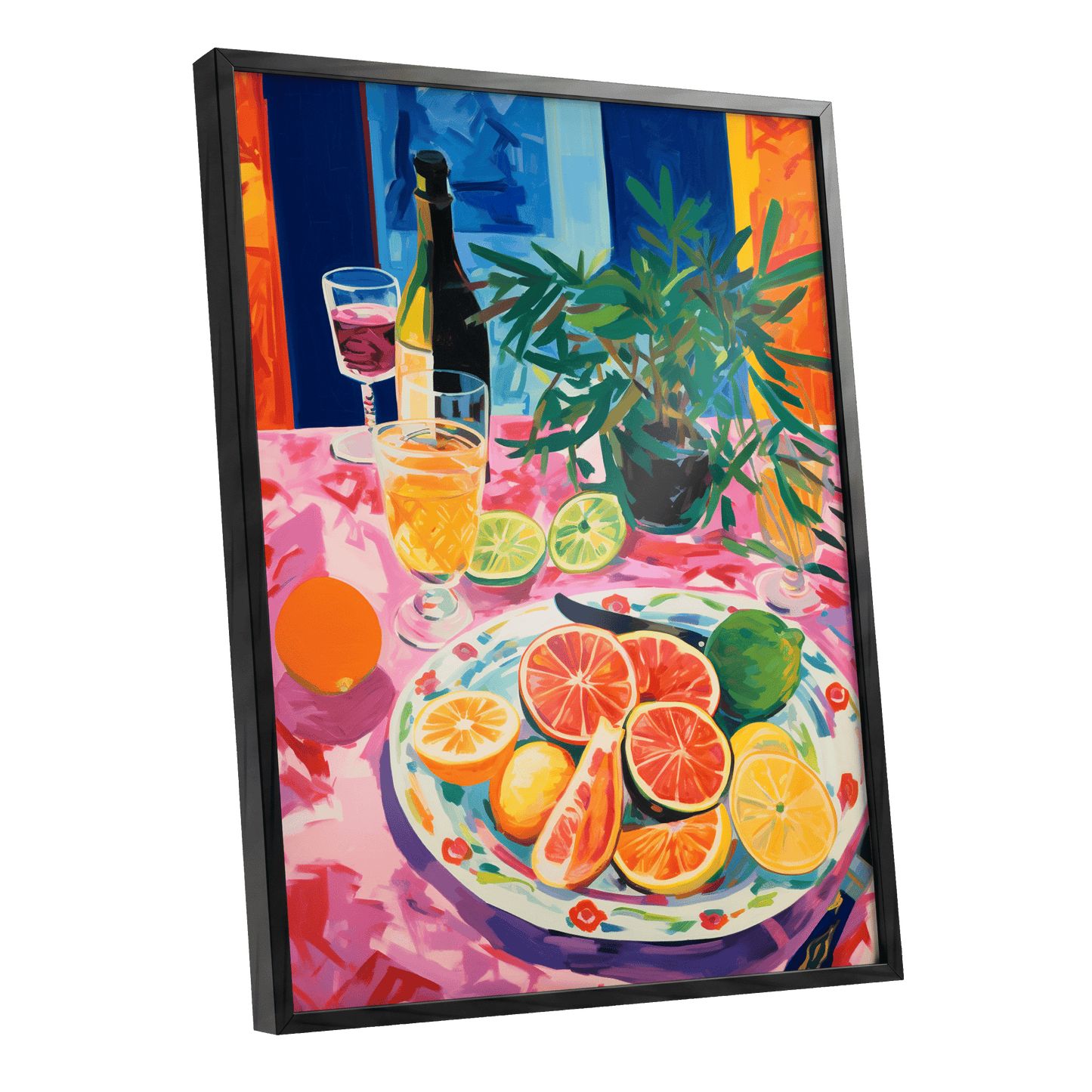 Citrus Table at Dusk, pink, blue, orange nature wall art shown as a black framed poster wall art print