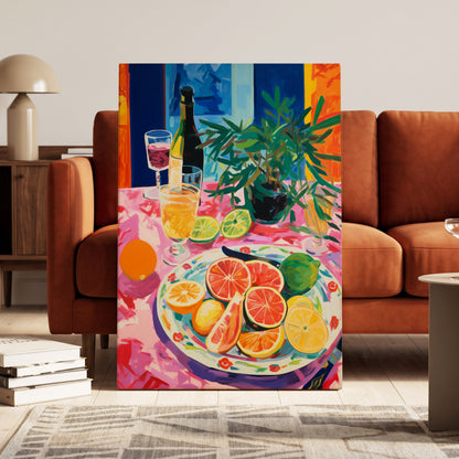 Citrus Table at Dusk, pink, blue, orange nature wall art on canvas displayed in a styled interior, gallery view 1