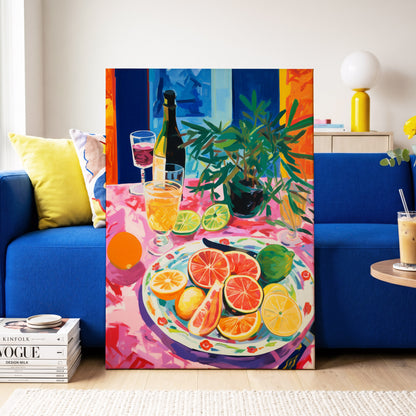 Citrus Table at Dusk, pink, blue, orange nature wall art on canvas displayed in a styled interior, gallery view 2