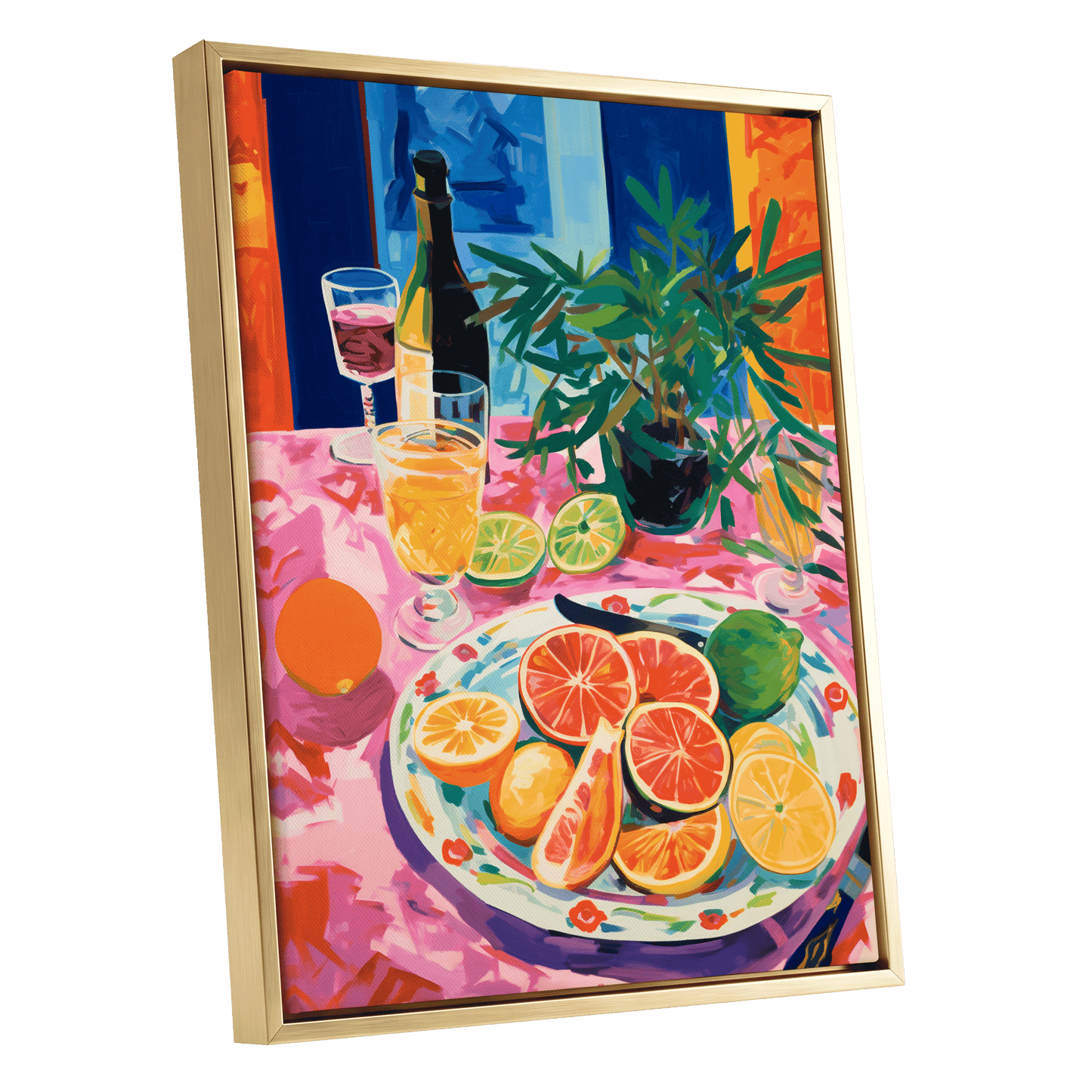 Citrus Table at Dusk, pink, blue, orange nature wall art shown as a gold framed canvas wall art