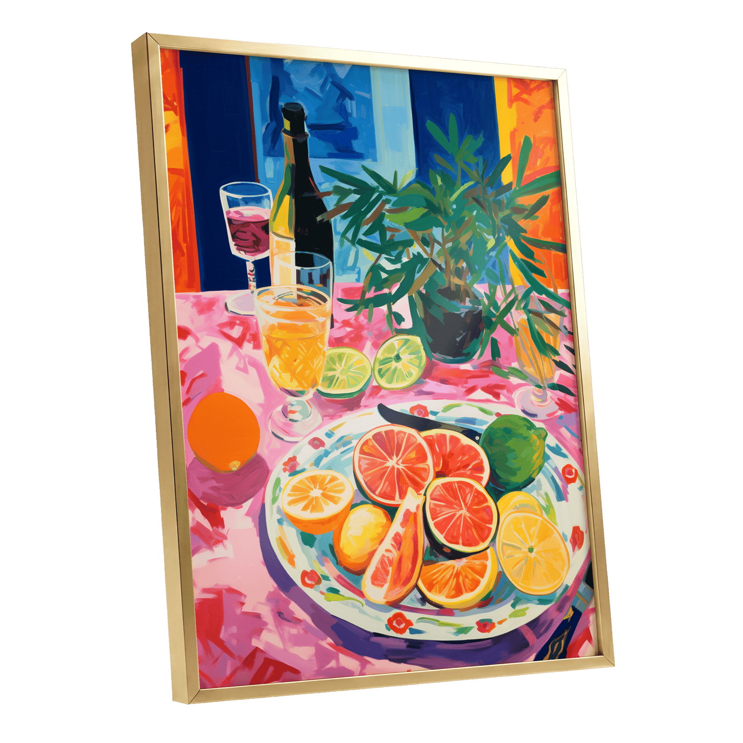 Citrus Table at Dusk, pink, blue, orange nature wall art shown as a gold framed poster wall art print
