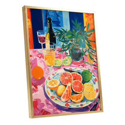 Citrus Table at Dusk, pink, blue, orange nature wall art shown as a gold framed poster wall art print