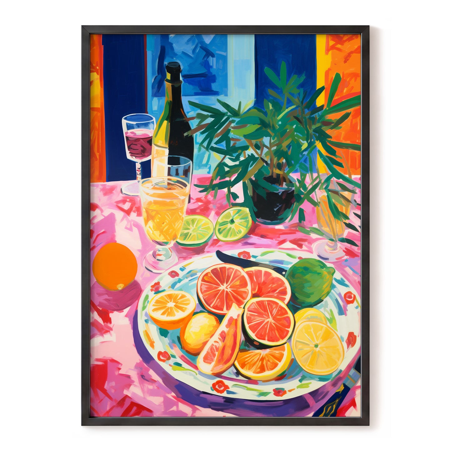 Citrus Table at Dusk, pink, blue, orange nature wall art, front artwork view