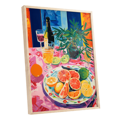 Citrus Table at Dusk, pink, blue, orange nature wall art shown as a oak framed poster wall art print