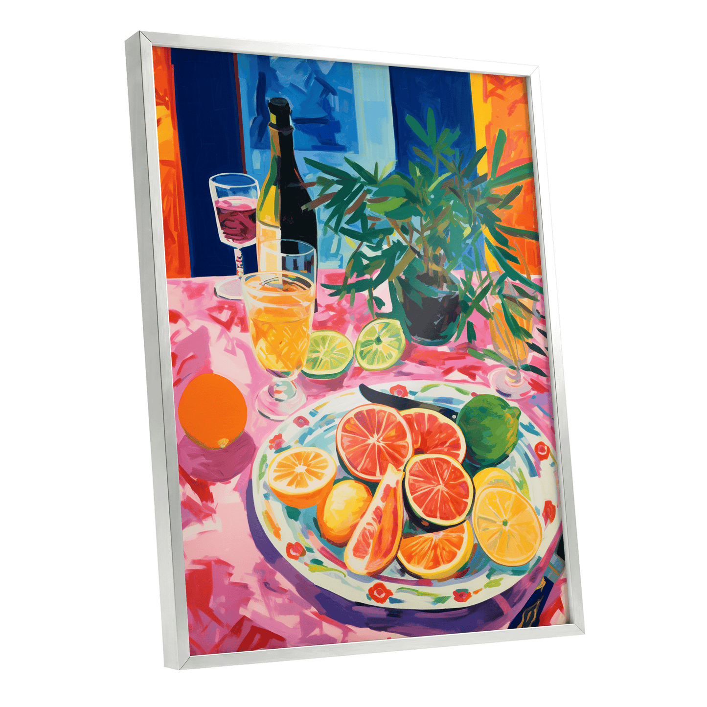 Citrus Table at Dusk, pink, blue, orange nature wall art shown as a silver framed poster wall art print