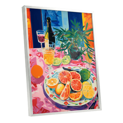 Citrus Table at Dusk, pink, blue, orange nature wall art shown as a silver framed poster wall art print