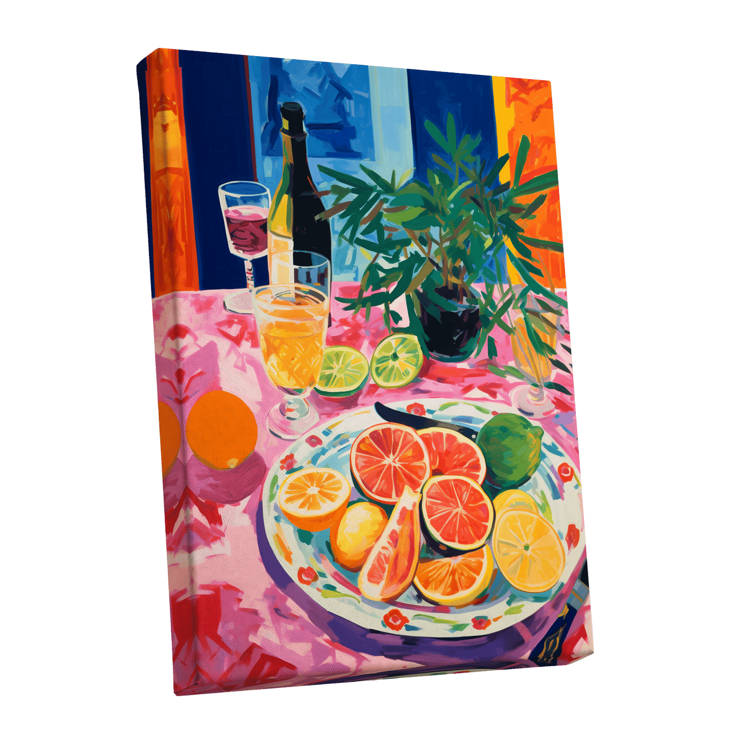 Citrus Table at Dusk, pink, blue, orange nature wall art shown as a stretched canvas wall art