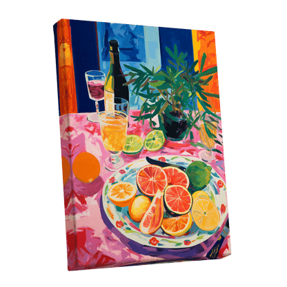 Citrus Table at Dusk, pink, blue, orange nature wall art shown as a stretched canvas wall art