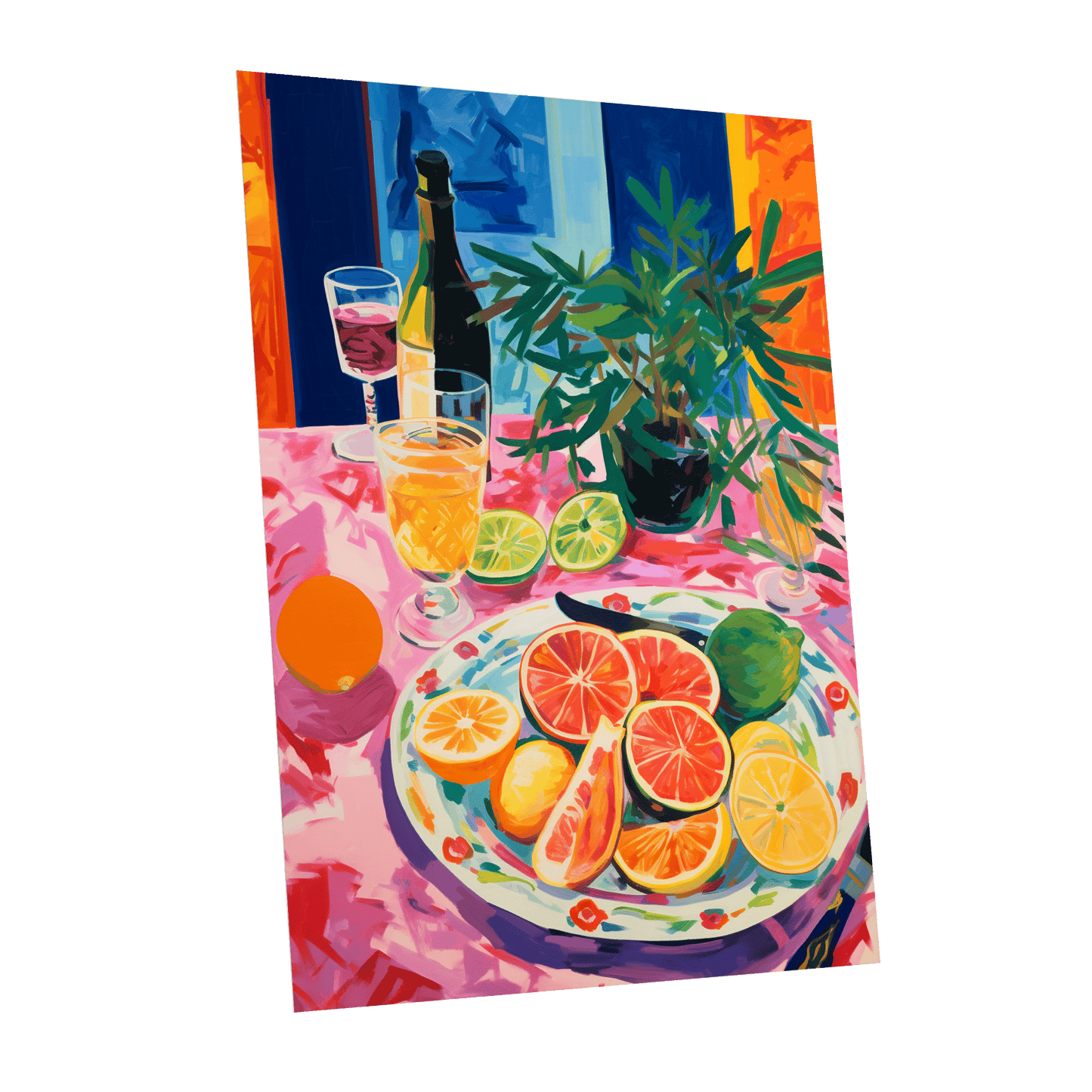Citrus Table at Dusk, pink, blue, orange nature wall art shown as a unframed poster wall art print