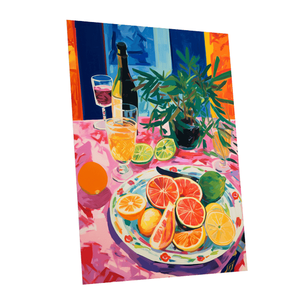 Citrus Table at Dusk, pink, blue, orange nature wall art shown as a unframed poster wall art print