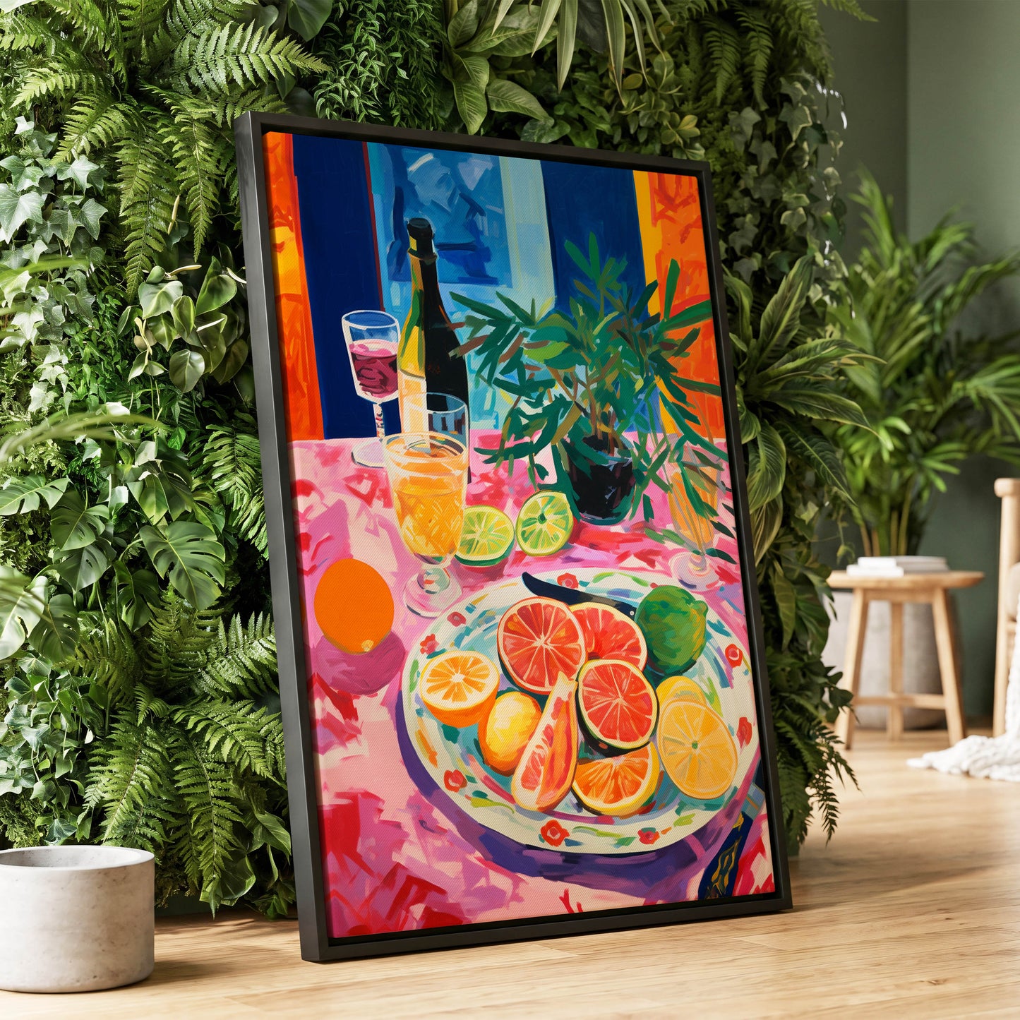 Citrus Table at Dusk, pink, blue, orange nature wall art displayed in a styled interior, gallery view 1