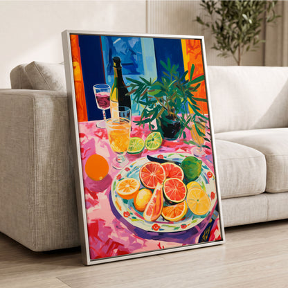 Citrus Table at Dusk, pink, blue, orange nature wall art displayed in a styled interior, gallery view 2