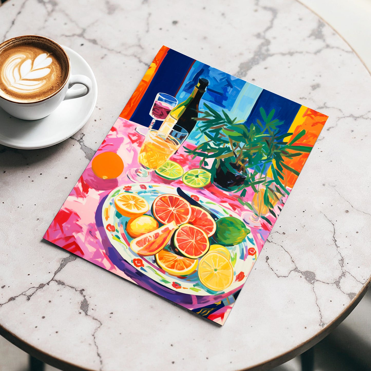 Citrus Table at Dusk, pink, blue, orange nature wall art displayed in a styled interior, gallery view 3
