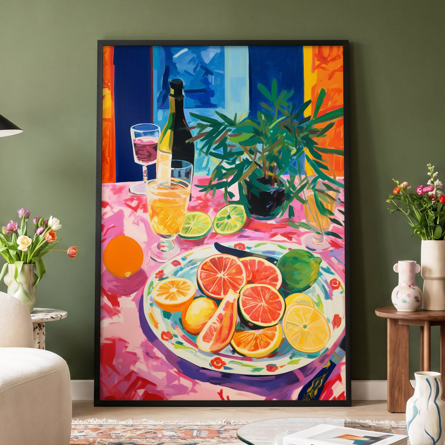 Citrus Table at Dusk, pink, blue, orange nature wall art displayed in a styled interior, gallery view 4