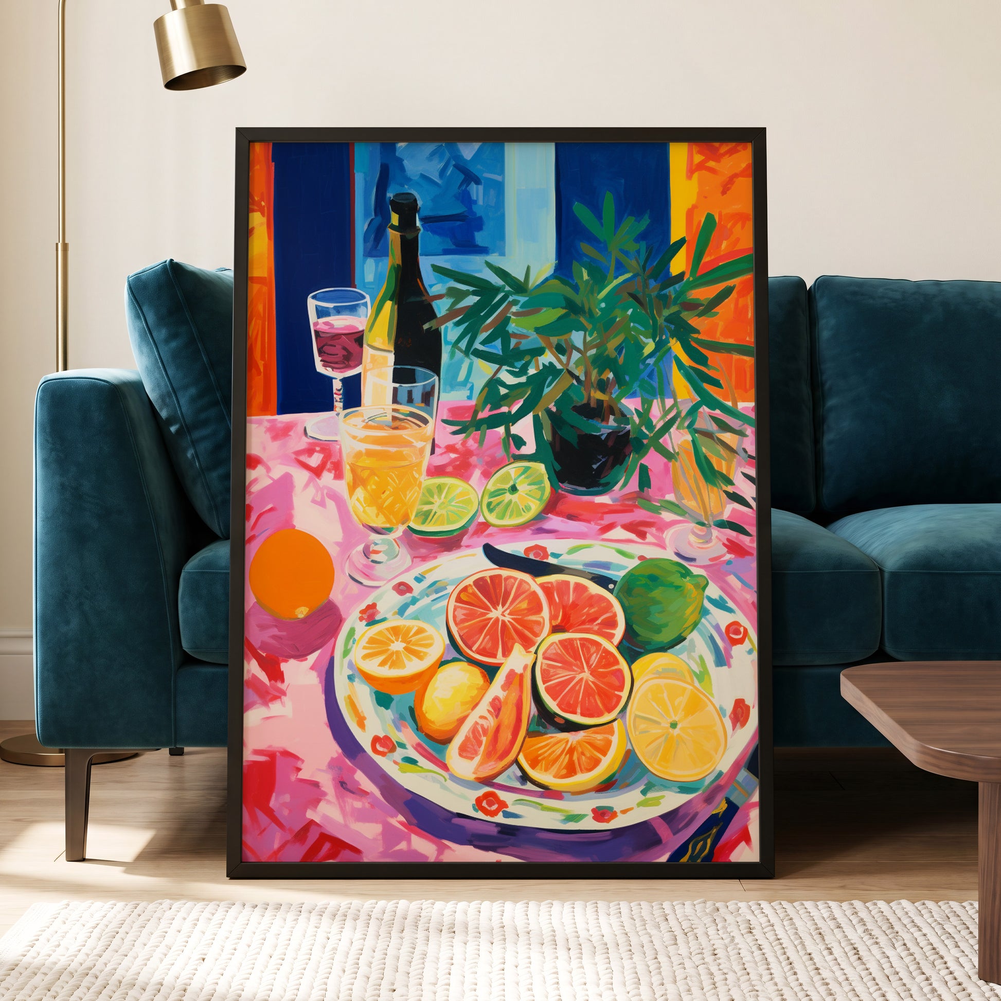 Citrus Table at Dusk, pink, blue, orange nature wall art displayed in a styled interior, gallery view 5