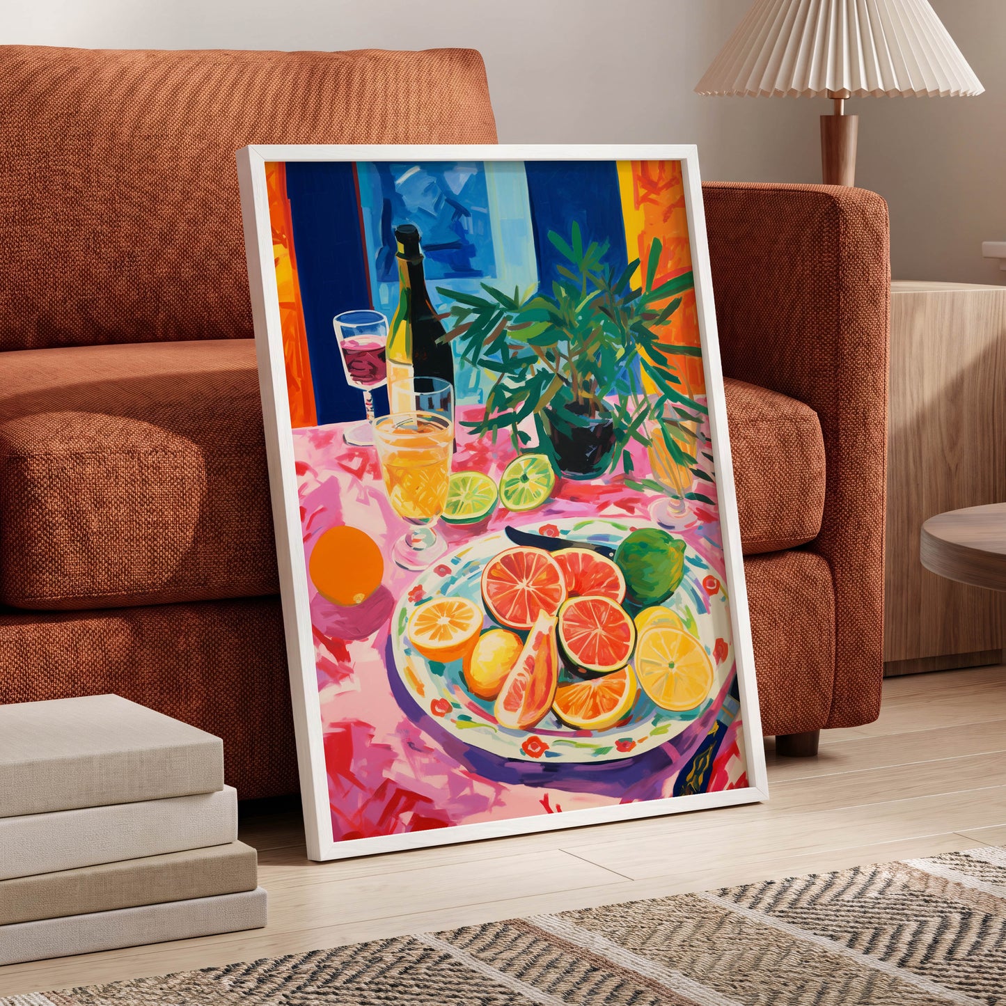 Citrus Table at Dusk, pink, blue, orange nature wall art displayed in a styled interior, gallery view 6