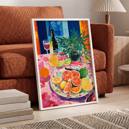 Citrus Table at Dusk, pink, blue, orange nature wall art displayed in a styled interior, gallery view 6