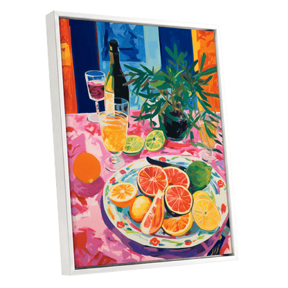 Citrus Table at Dusk, pink, blue, orange nature wall art shown as a white framed canvas wall art