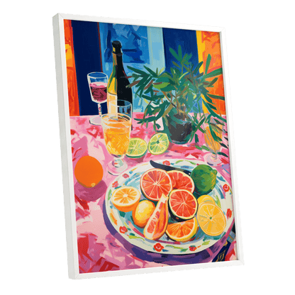 Citrus Table at Dusk, pink, blue, orange nature wall art shown as a white framed poster wall art print