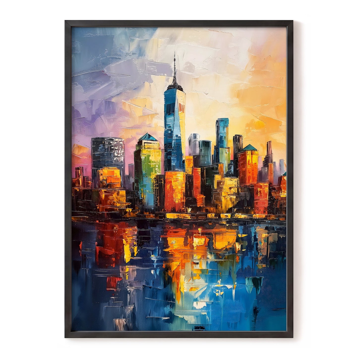 City of Golden Reflections, blue, orange, gold abstract wall art, front artwork view