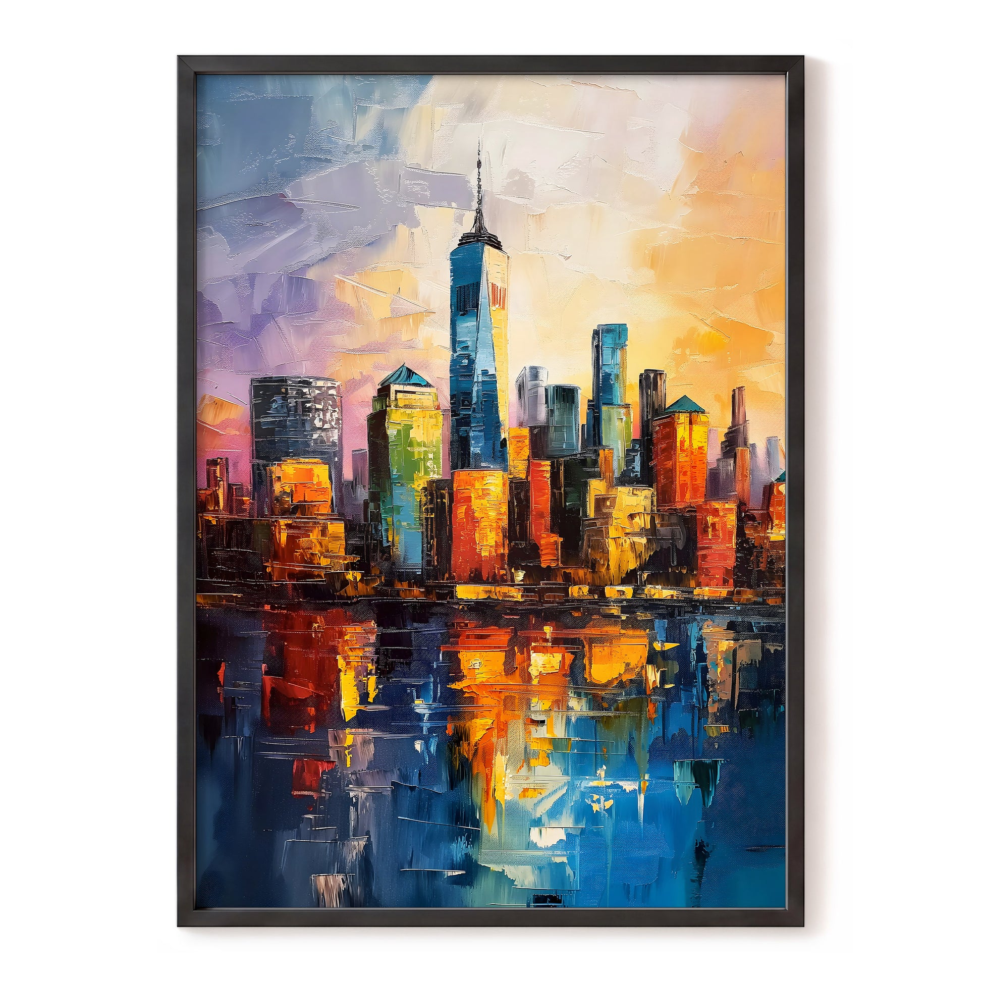 City of Golden Reflections, blue, orange, gold abstract wall art, front artwork view