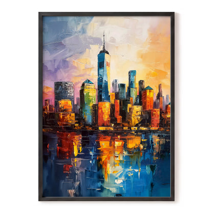 City of Golden Reflections, blue, orange, gold abstract wall art, front artwork view