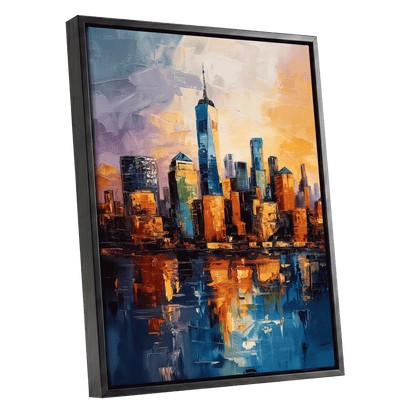City of Golden Reflections, blue, orange, gold abstract wall art shown as a black framed canvas wall art