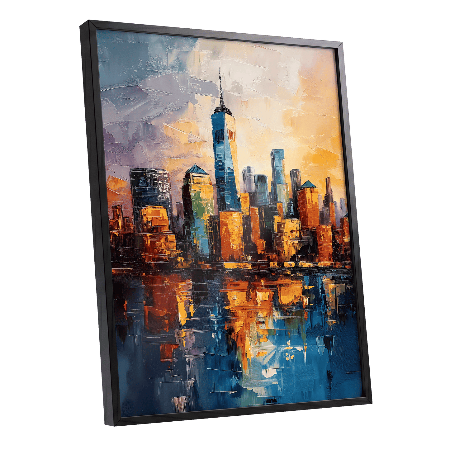 City of Golden Reflections, blue, orange, gold abstract wall art shown as a black framed poster wall art print