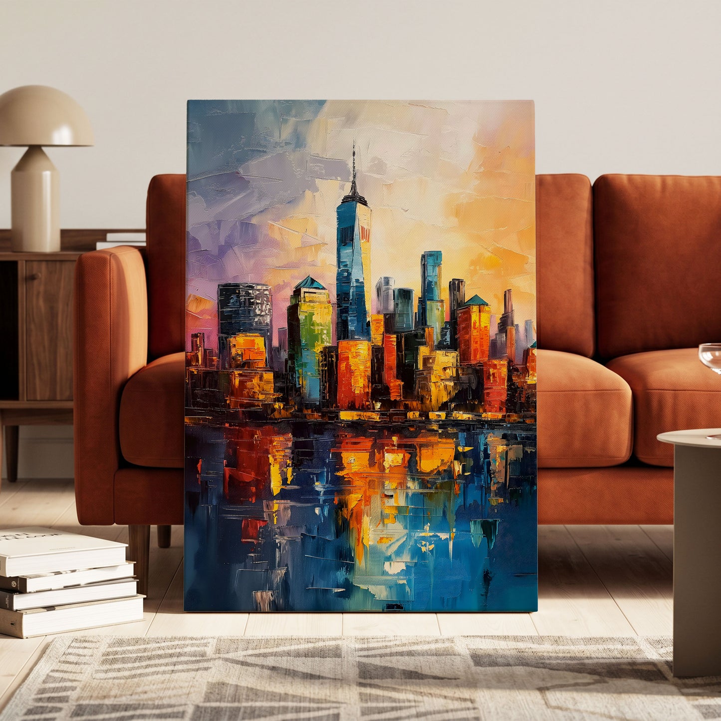 City of Golden Reflections, blue, orange, gold abstract wall art on canvas displayed in a styled interior, gallery view 1