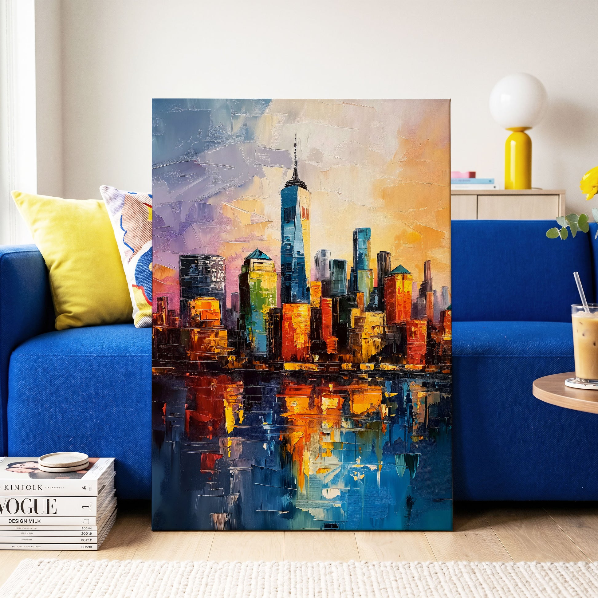 City of Golden Reflections, blue, orange, gold abstract wall art on canvas displayed in a styled interior, gallery view 2