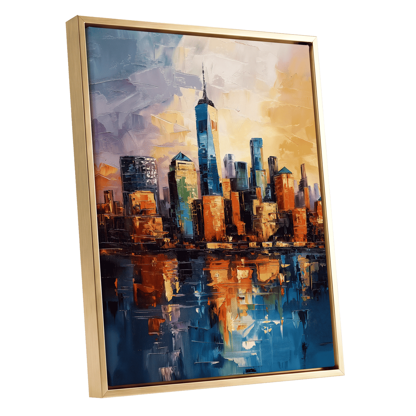 City of Golden Reflections, blue, orange, gold abstract wall art shown as a gold framed canvas wall art