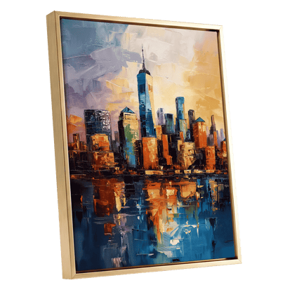 City of Golden Reflections, blue, orange, gold abstract wall art shown as a gold framed canvas wall art