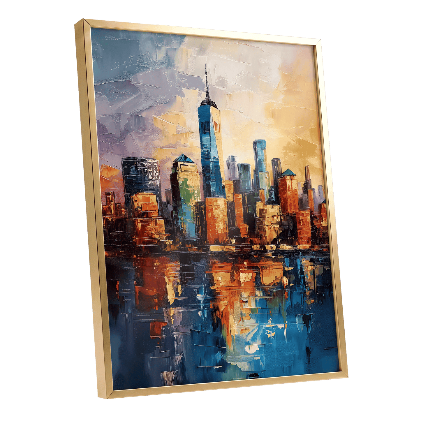City of Golden Reflections, blue, orange, gold abstract wall art shown as a gold framed poster wall art print