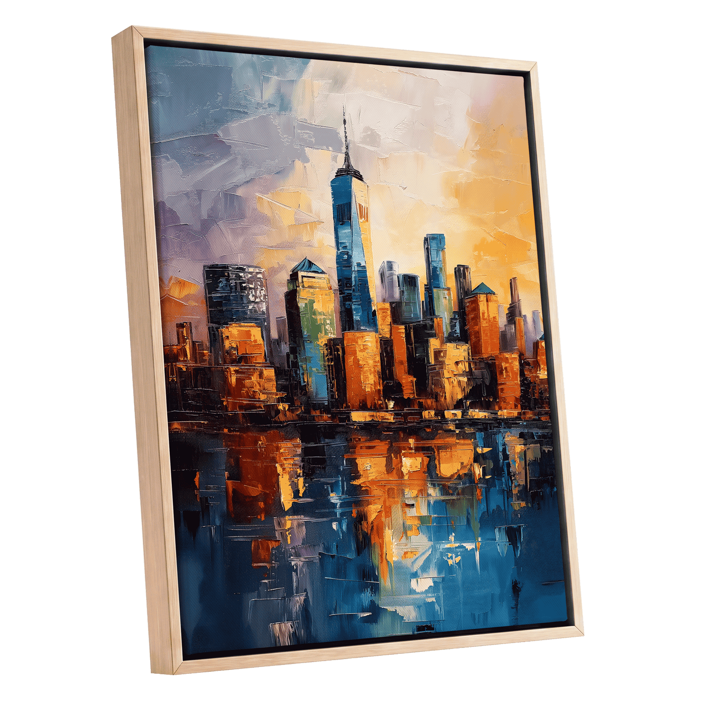 City of Golden Reflections, blue, orange, gold abstract wall art shown as a oak framed canvas wall art