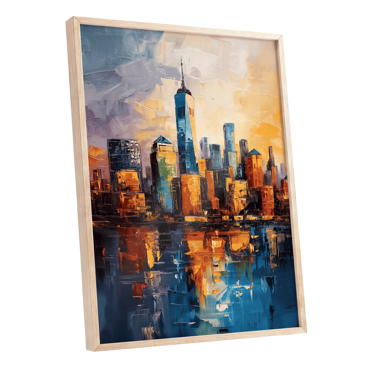 City of Golden Reflections, blue, orange, gold abstract wall art shown as a oak framed poster wall art print