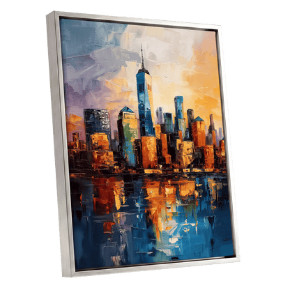 City of Golden Reflections, blue, orange, gold abstract wall art shown as a silver framed canvas wall art