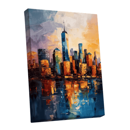 City of Golden Reflections, blue, orange, gold abstract wall art shown as a stretched canvas wall art
