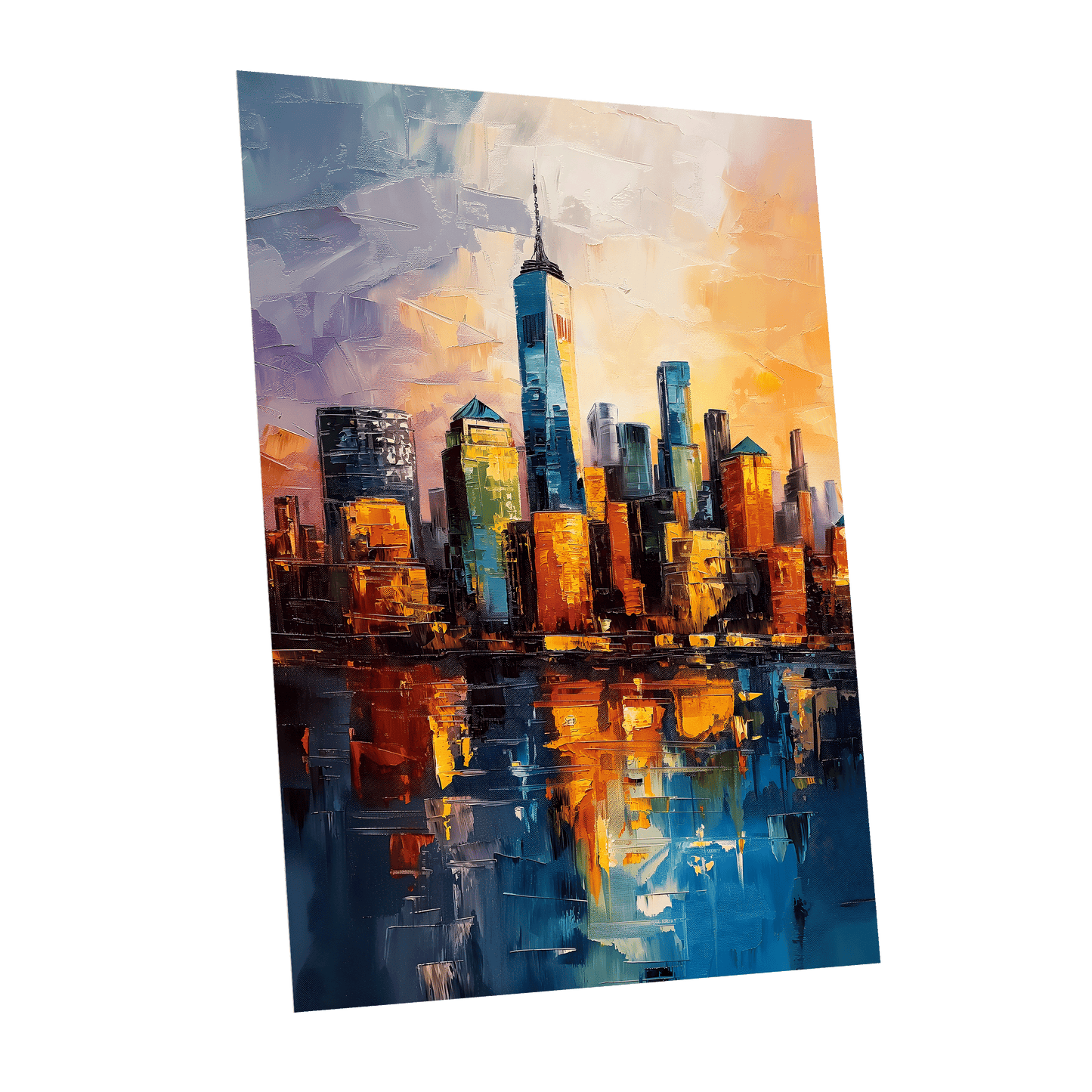 City of Golden Reflections, blue, orange, gold abstract wall art shown as a unframed poster wall art print