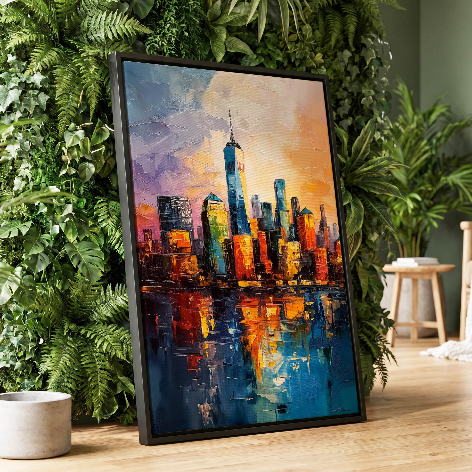 City of Golden Reflections, blue, orange, gold abstract wall art displayed in a styled interior, gallery view 1