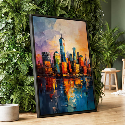 City of Golden Reflections, blue, orange, gold abstract wall art displayed in a styled interior, gallery view 1